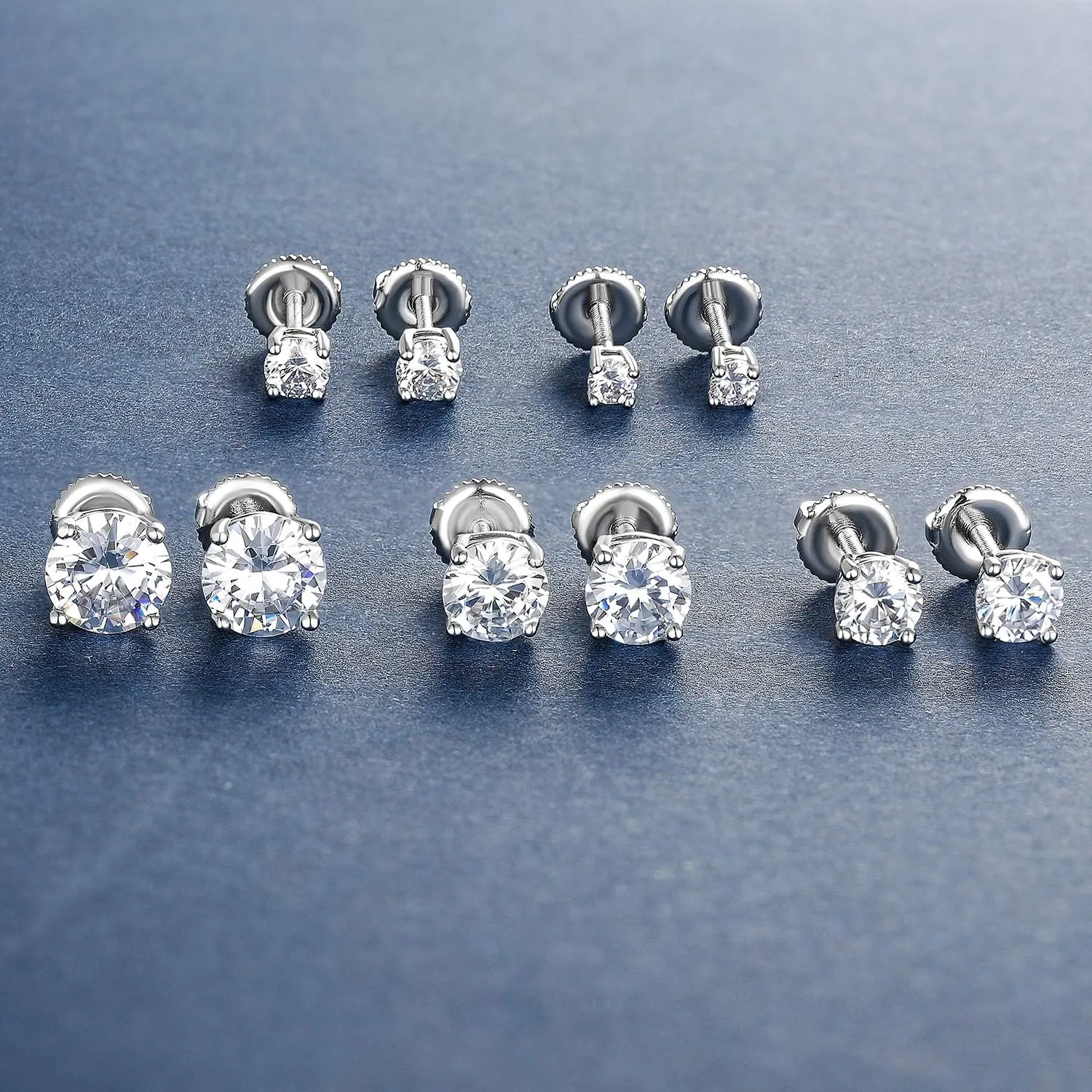 18K White Gold Plated 4 Prong Round Clear Cubic Zirconia Screw Back Stud Earring Pack of 5