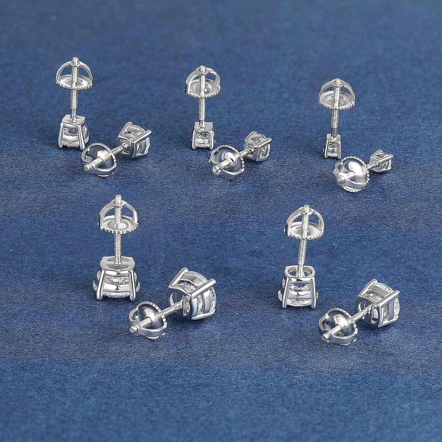 18K White Gold Plated 4 Prong Round Clear Cubic Zirconia Screw Back Stud Earring Pack of 5