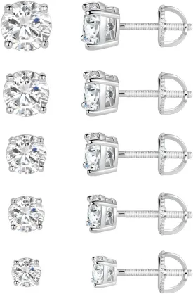 18K White Gold Plated 4 Prong Round Clear Cubic Zirconia Screw Back Stud Earring Pack of 5