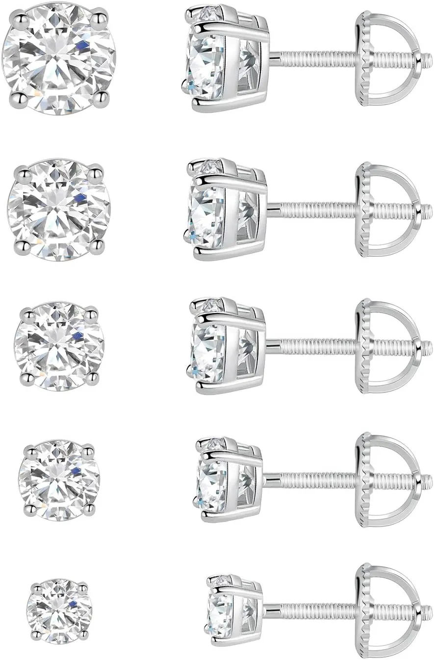 18K White Gold Plated 4 Prong Round Clear Cubic Zirconia Screw Back Stud Earring Pack of 5