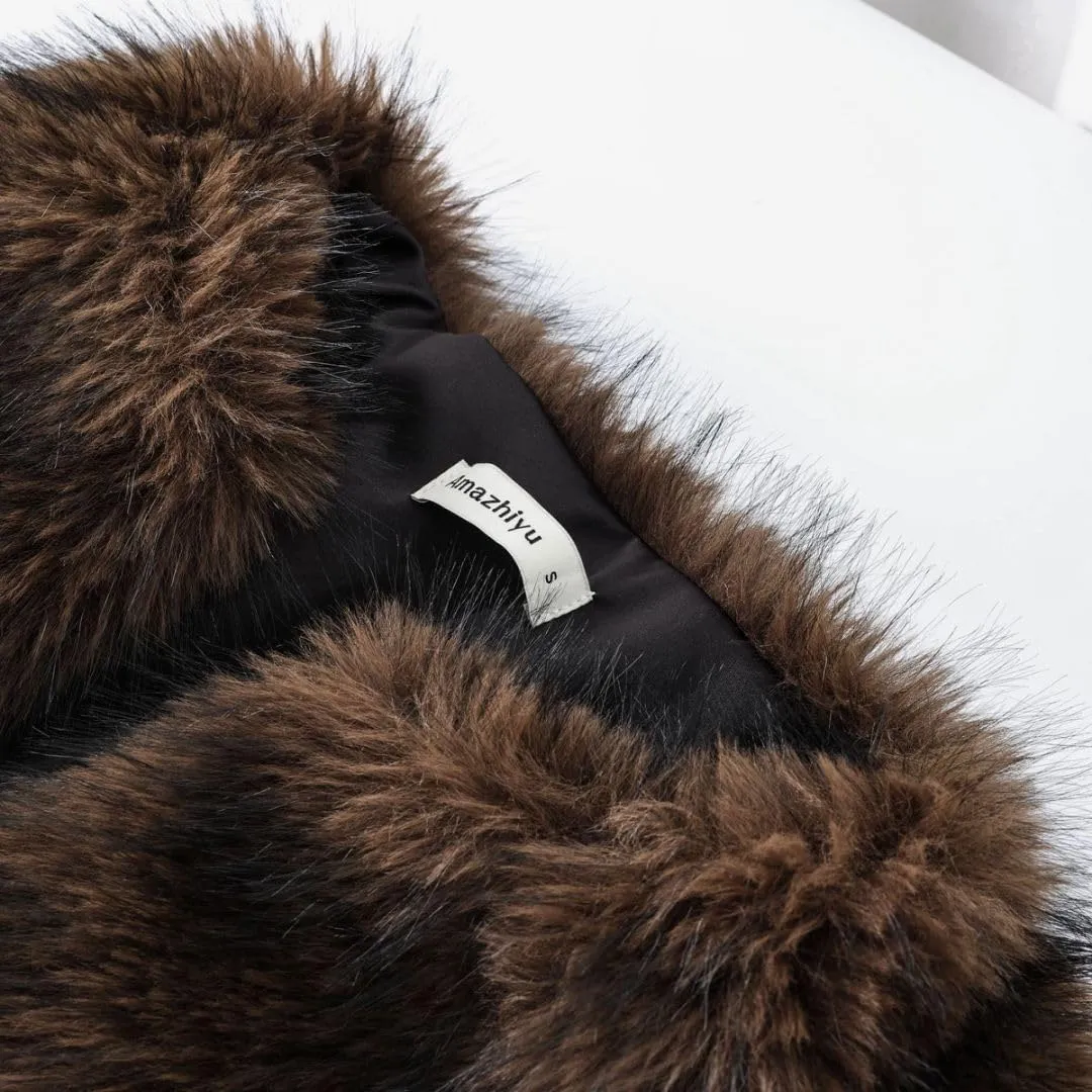 Amazhiyu Women's Faux Fur Long Sleeve Open-front Winter Cropped Coat with Pockets