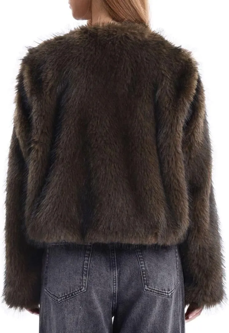 Amazhiyu Women's Faux Fur Long Sleeve Open-front Winter Cropped Coat with Pockets