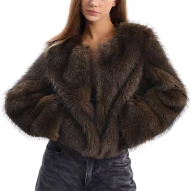 Amazhiyu Women's Faux Fur Long Sleeve Open-front Winter Cropped Coat with Pockets