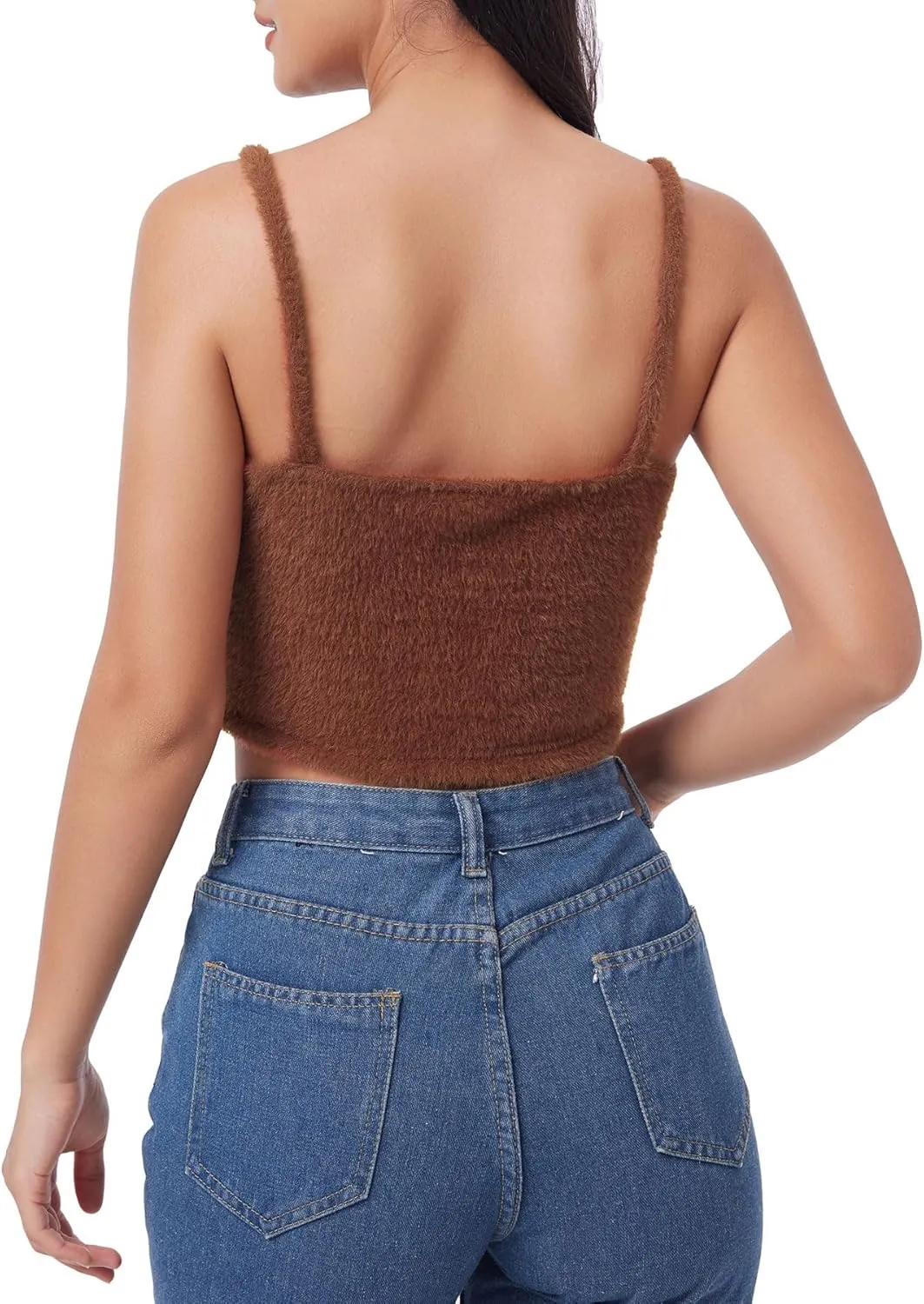 Amazhiyu Women's Fuzzy Cropped Tank Top Sweater-Knit Scoop Neck Crop Cami