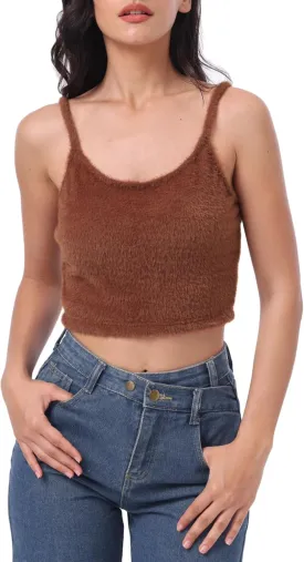 Amazhiyu Women's Fuzzy Cropped Tank Top Sweater-Knit Scoop Neck Crop Cami