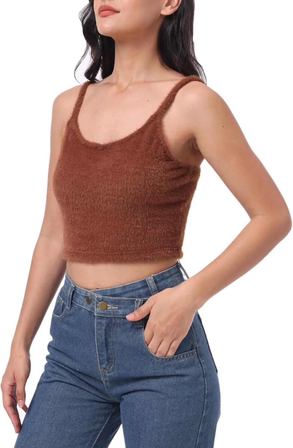 Amazhiyu Women's Fuzzy Cropped Tank Top Sweater-Knit Scoop Neck Crop Cami