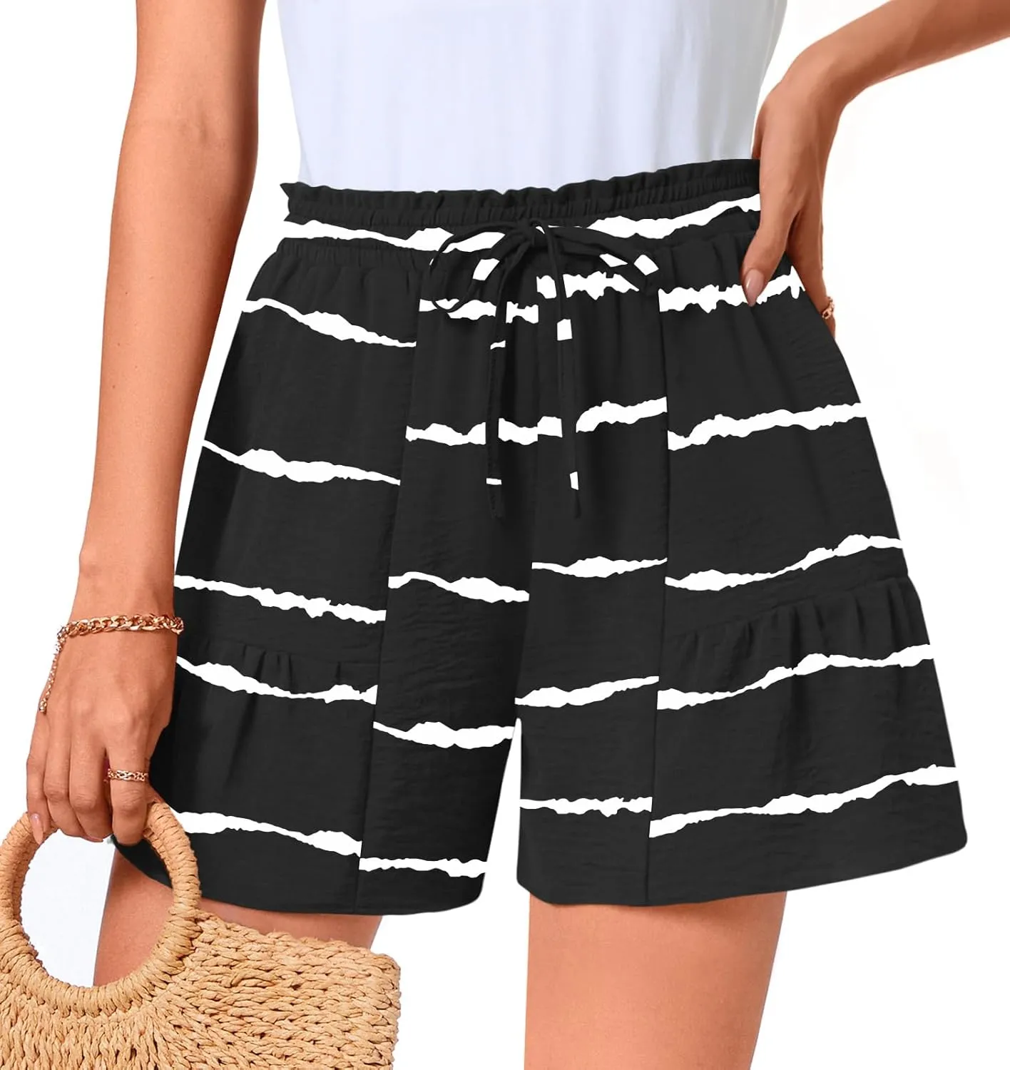 Aodemo Womens Casual Shorts High Waisted Drawstring Wide Leg Beach Shorts Flowy Summer Ruffle Shorts with Pockets