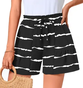 Aodemo Womens Casual Shorts High Waisted Drawstring Wide Leg Beach Shorts Flowy Summer Ruffle Shorts with Pockets