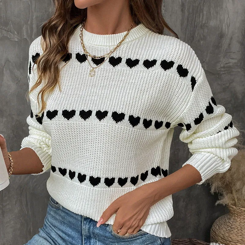 Autumn Winter Women White Long-Sleeved Love Sweater for Women