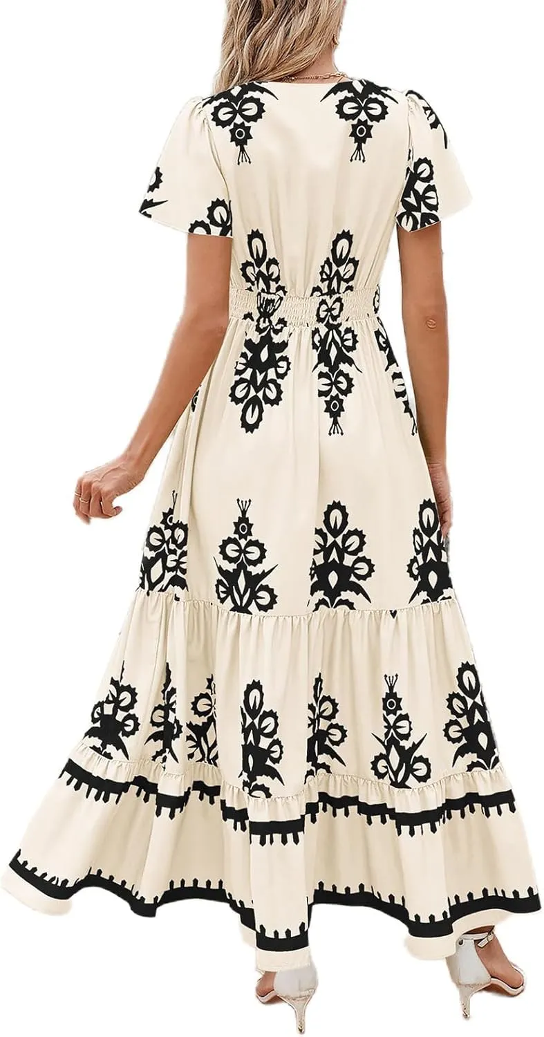 Boho Maxi Dress for Women 2025 Summer Casual V Neck Short Sleeve Flowy Long Dresses Aline Elegant Tiered Floral Dress