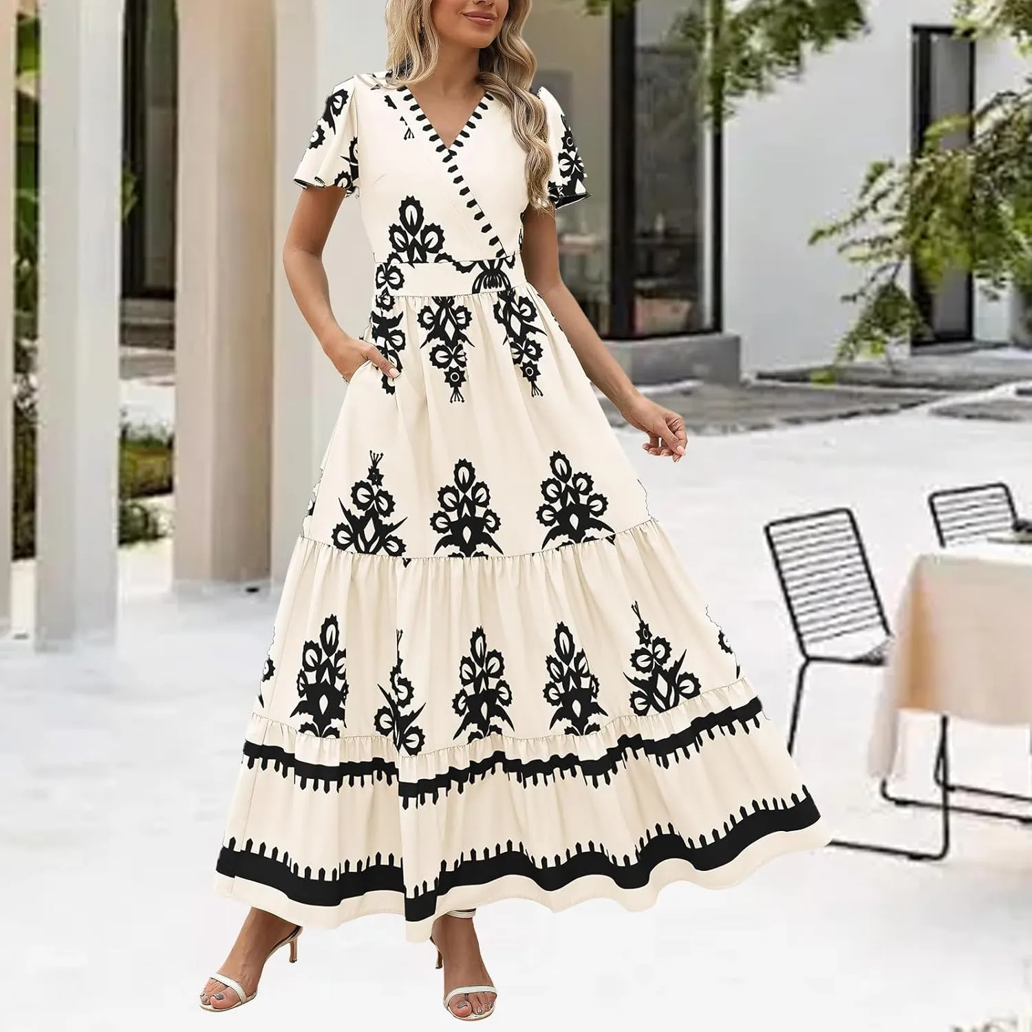 Boho Maxi Dress for Women 2025 Summer Casual V Neck Short Sleeve Flowy Long Dresses Aline Elegant Tiered Floral Dress
