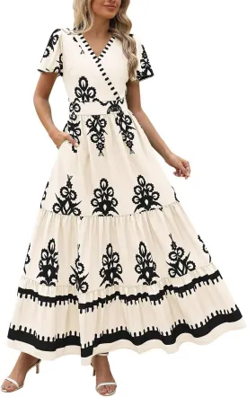 Boho Maxi Dress for Women 2025 Summer Casual V Neck Short Sleeve Flowy Long Dresses Aline Elegant Tiered Floral Dress