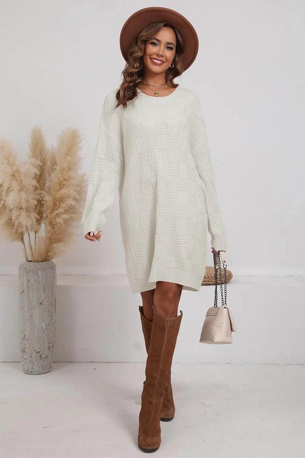 Cakulo Womens Checkered Sweater Dress Fall Oversized Long Pullover Chunky Sweaters Trendy Casual Knit Dresses 2025