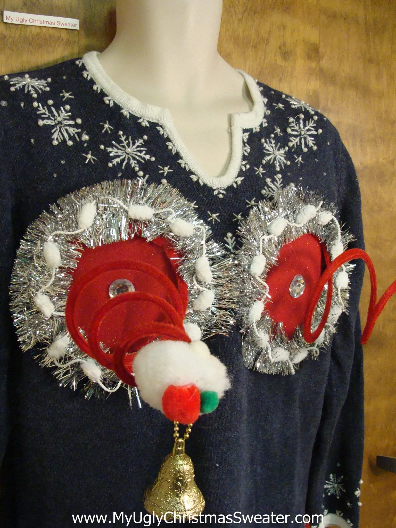 Crazy Vneck Snowflakes Naughty Ugly Christmas Sweater with Funny Fringe