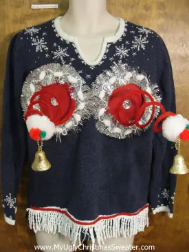 Crazy Vneck Snowflakes Naughty Ugly Christmas Sweater with Funny Fringe
