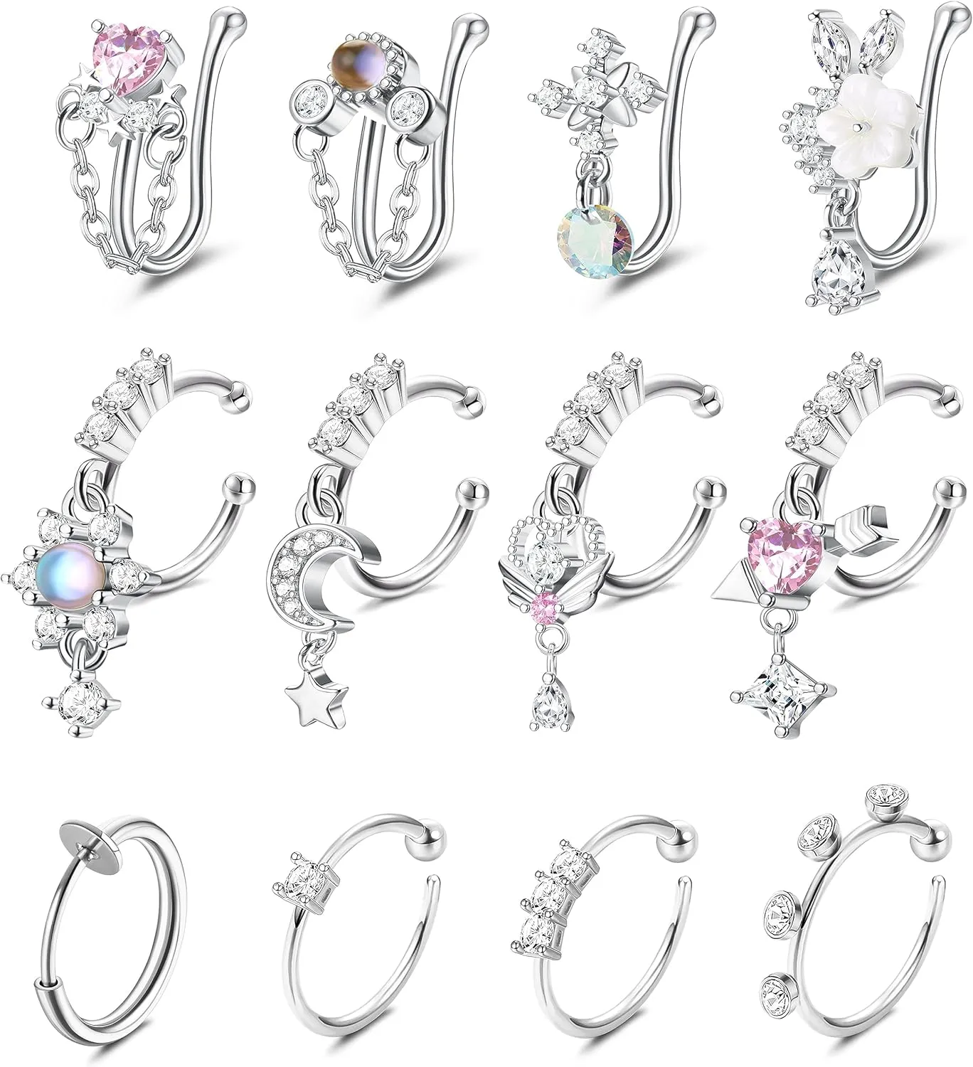 DOLOTTA 12Pcs Fake Nose Ring Hoop for Women Men - CZ Dangle Clip-on Cartilage Tragus Cuff Non-Piercing Jewelry - Silver