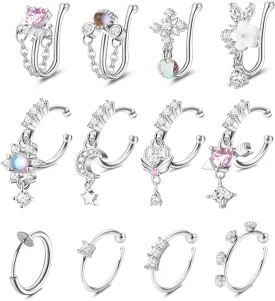 DOLOTTA 12Pcs Fake Nose Ring Hoop for Women Men - CZ Dangle Clip-on Cartilage Tragus Cuff Non-Piercing Jewelry - Silver