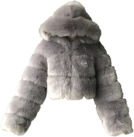 Faux Fur Coat Women with Hood Cropped Bubble Coats Fleece Fuzzy Sherpa Jackets Warm Fluffy Winter Coats Teddy Jackets