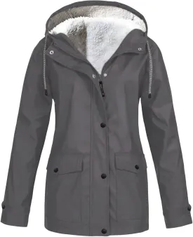 Fleece Lined Raincoat for Women Waterproof Lightweight Zip Up Hooded Jacket Winter Rain Jackets Outdoor Windbreaker