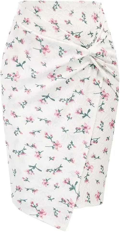 GGUHHU Womens Classic Package Hip Tulip Skirts Floral Print Twist Knot Pencel Skirt