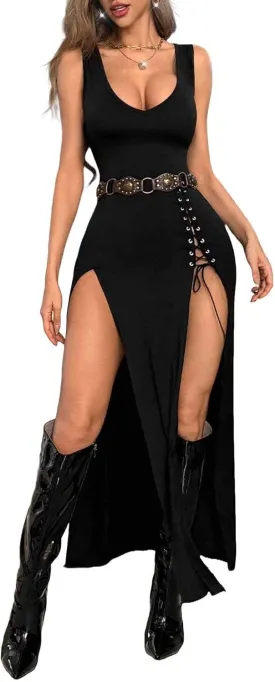 GothDark Vintage Black Goth Dress High Slit V Neck Eyelet Rope Sexy Party Club Dresses