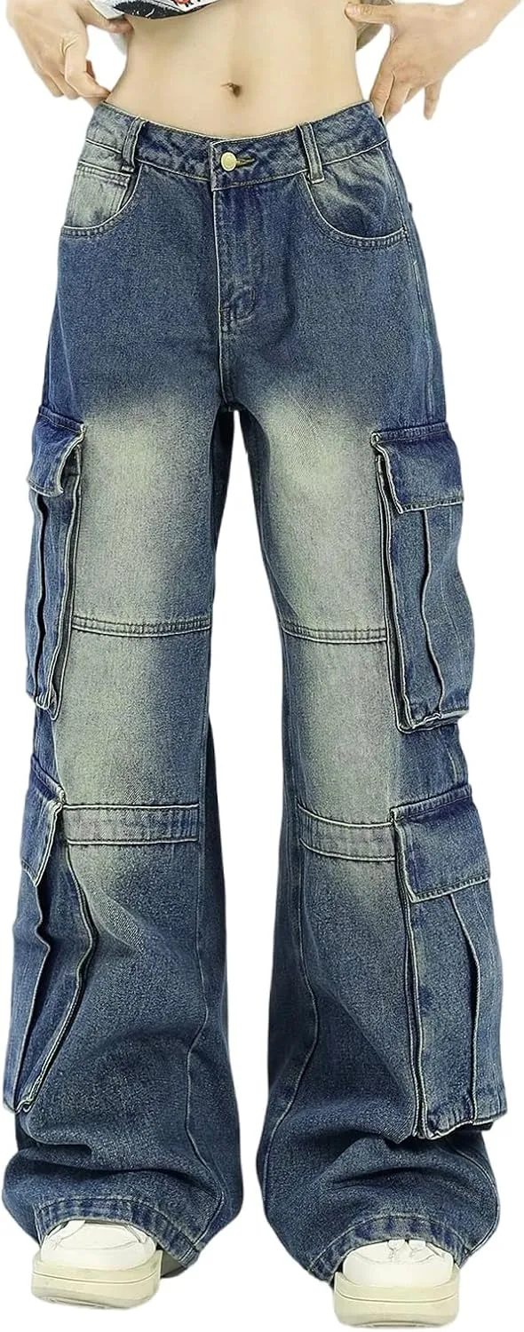 Gothic Style Jeans for Women, Retro Washed Pocket Workwear Jeans, Men's and Women's Loose Straight Leg Jeans