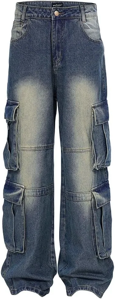 Gothic Style Jeans for Women, Retro Washed Pocket Workwear Jeans, Men's and Women's Loose Straight Leg Jeans