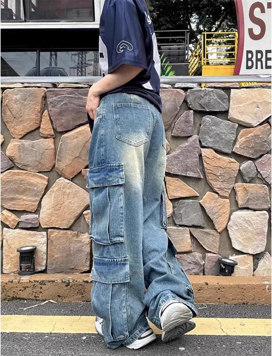 Gothic Style Jeans for Women, Retro Washed Pocket Workwear Jeans, Men's and Women's Loose Straight Leg Jeans