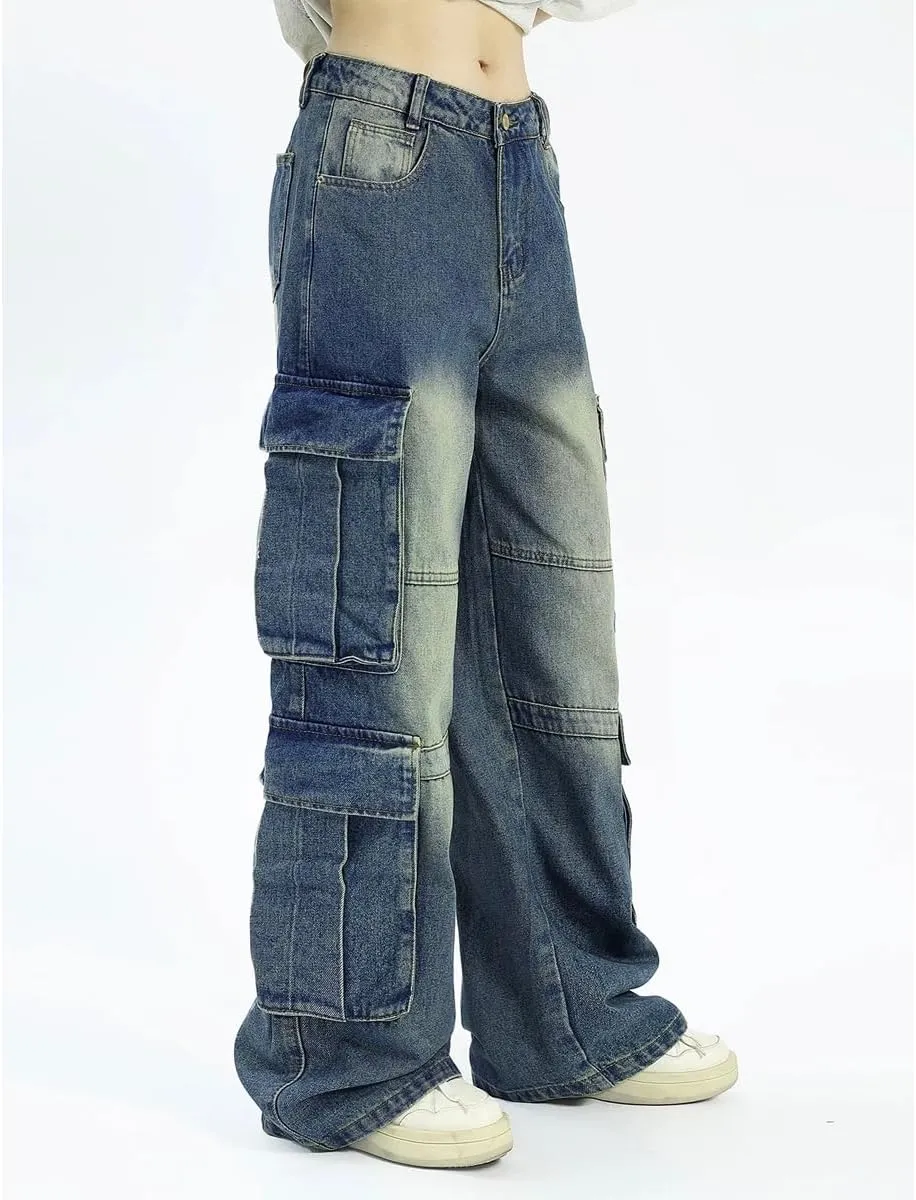 Gothic Style Jeans for Women, Retro Washed Pocket Workwear Jeans, Men's and Women's Loose Straight Leg Jeans