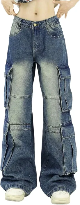 Gothic Style Jeans for Women, Retro Washed Pocket Workwear Jeans, Men's and Women's Loose Straight Leg Jeans