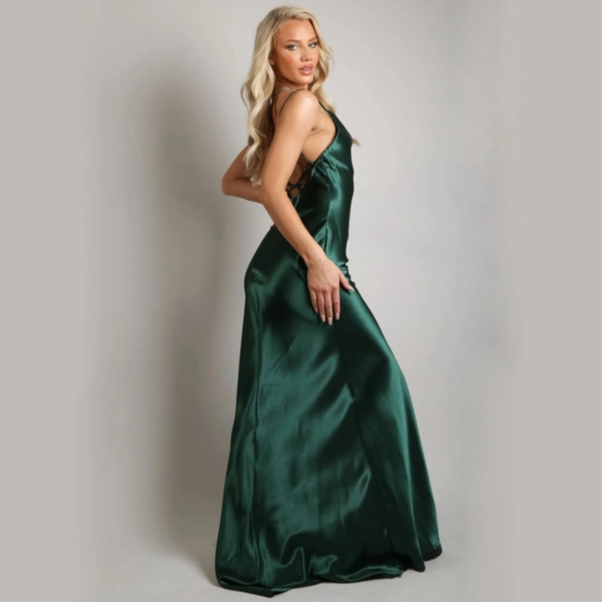 Green Satin Cowl Neck High Slit Evening Dress
