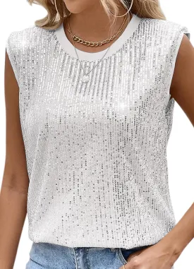Haoohu Women's Sparkly Sequin Sleeveless Tank Top Camisole Round Neck Rave Tank Vest Party Shirt Clubwear