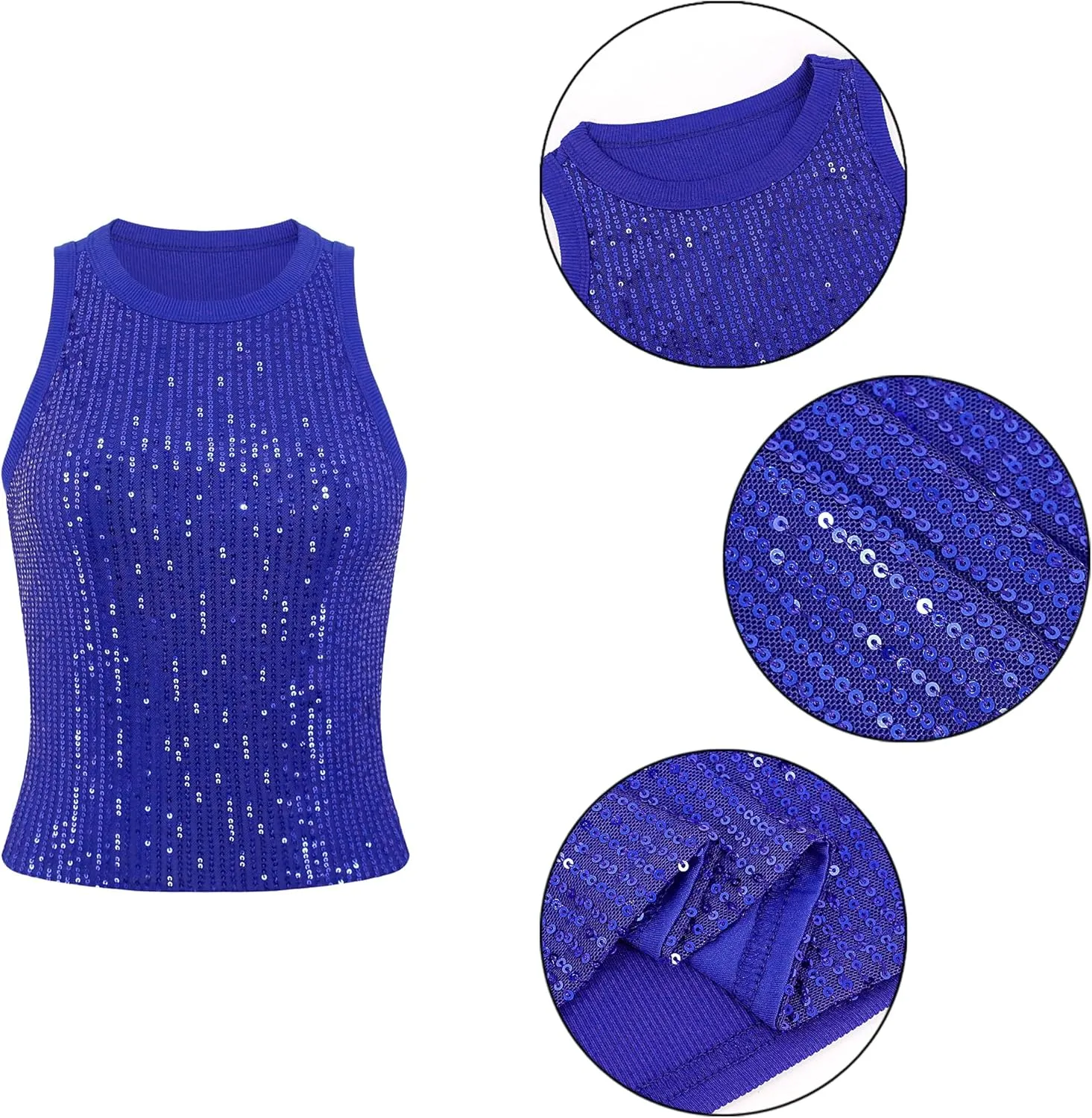 Haoohu Women's Sparkly Sequin Sleeveless Tank Top Camisole Round Neck Rave Tank Vest Party Shirt Clubwear