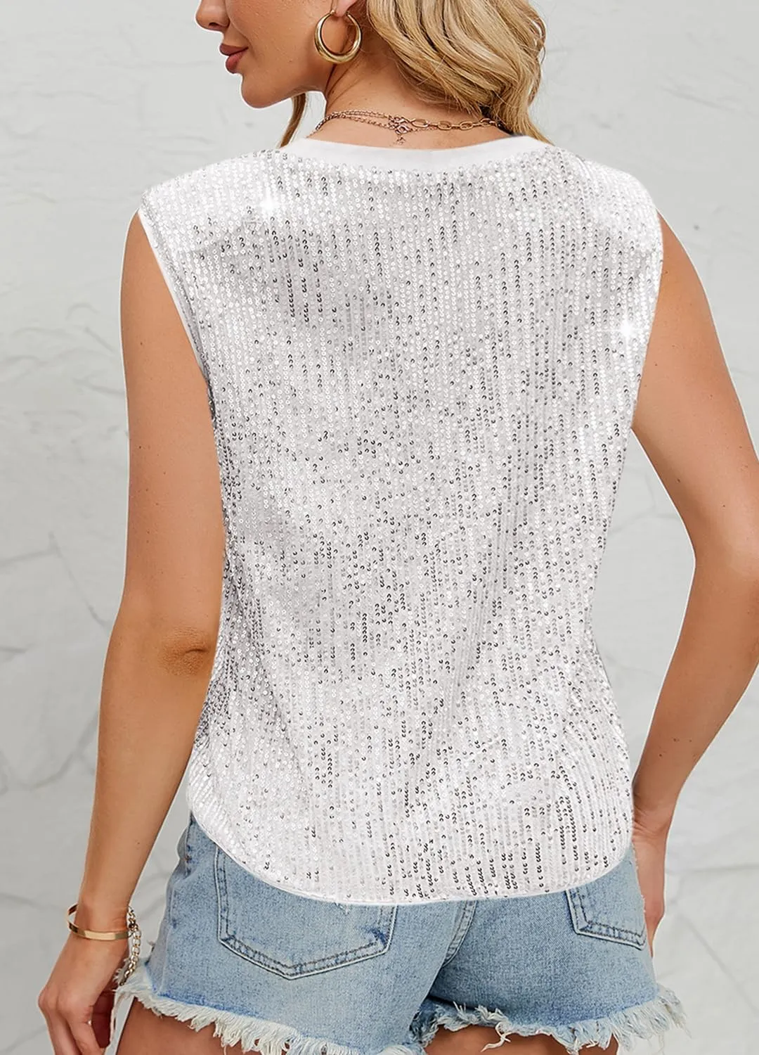 Haoohu Women's Sparkly Sequin Sleeveless Tank Top Camisole Round Neck Rave Tank Vest Party Shirt Clubwear