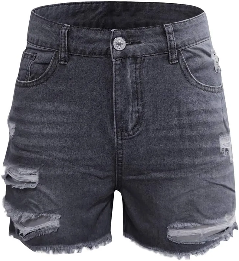 hlysgo Jeans Shorts for Women Mid Rise Ripped Jean Shorts Stretchy Frayed Raw Hem Casual Denim Shorts 2024 Summer Shorts