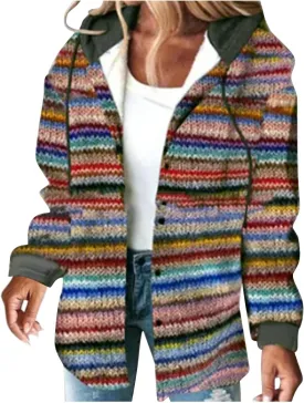 Hoodies for Women Fashion Rainbow Striped Cardigan Sweater Casual Long Sleeve Zip Up Hooded Jacket Fall Outfits Coat