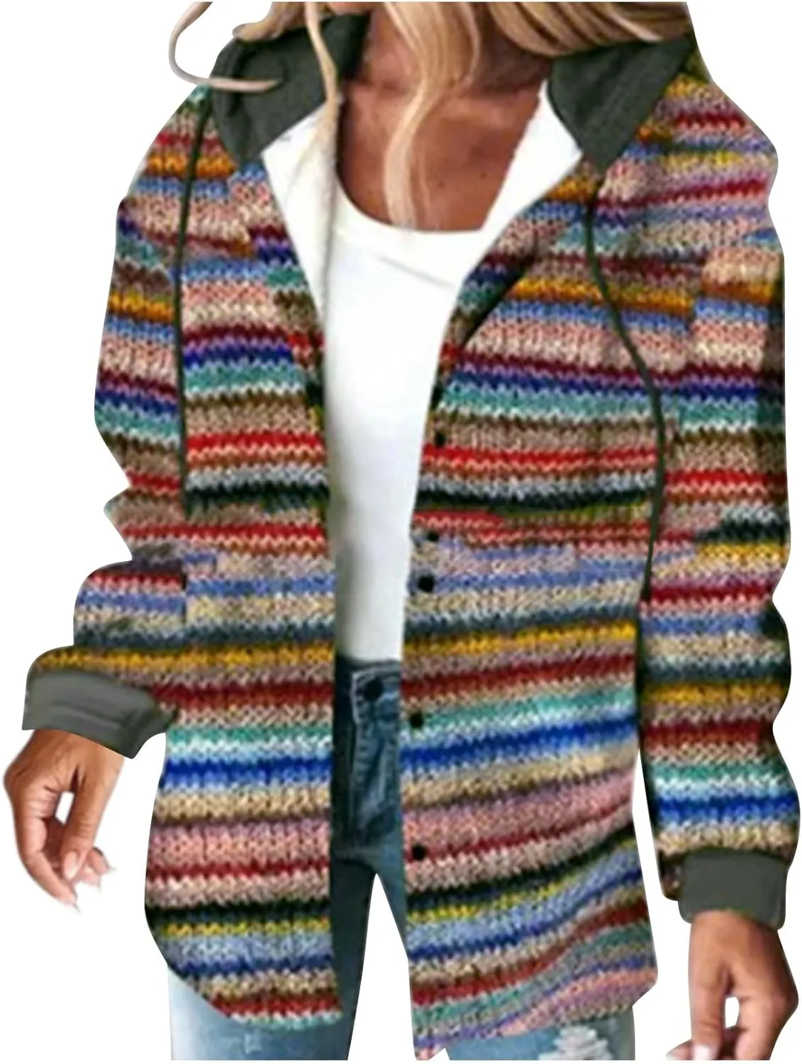Hoodies for Women Fashion Rainbow Striped Cardigan Sweater Casual Long Sleeve Zip Up Hooded Jacket Fall Outfits Coat