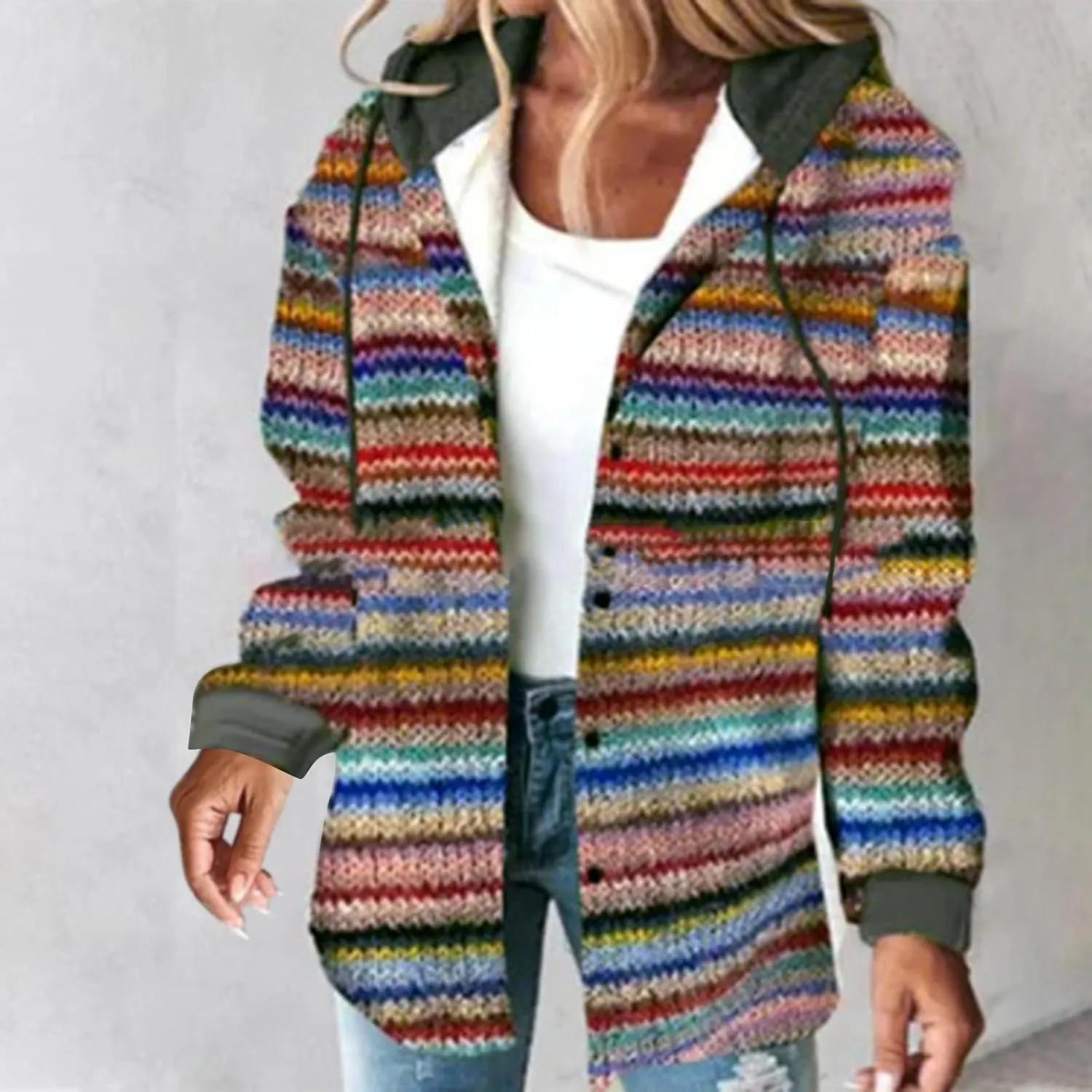 Hoodies for Women Fashion Rainbow Striped Cardigan Sweater Casual Long Sleeve Zip Up Hooded Jacket Fall Outfits Coat