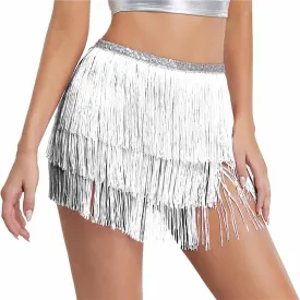 Kakaco Fringe Belly Skirt Sequin Tassel Dance Skirt Short Belly Hip Scarf Rave Party Skirts for Women and Girls
