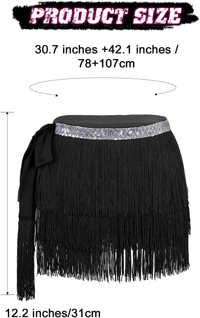 Kakaco Fringe Belly Skirt Sequin Tassel Dance Skirt Short Belly Hip Scarf Rave Party Skirts for Women and Girls