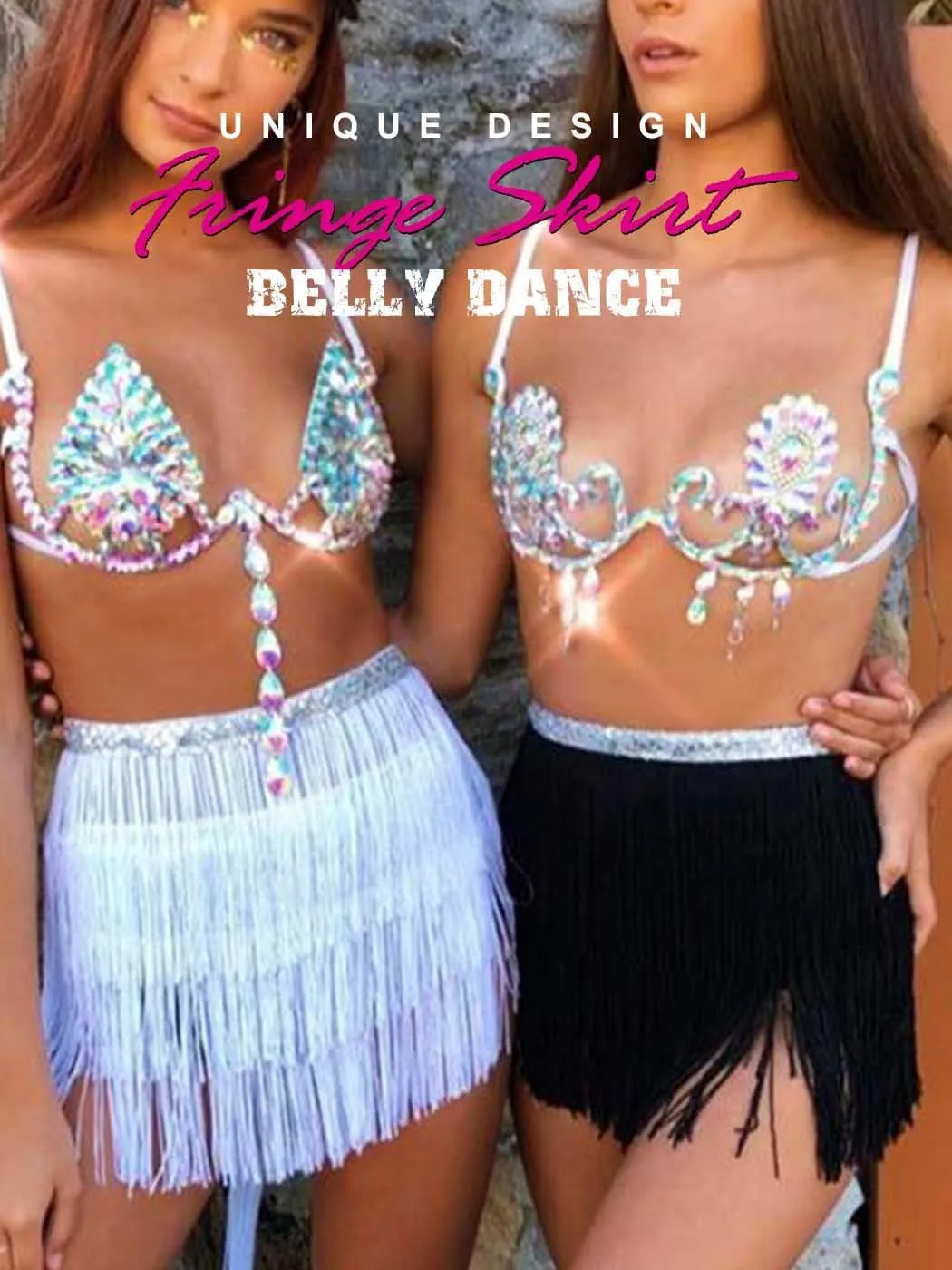 Kakaco Fringe Belly Skirt Sequin Tassel Dance Skirt Short Belly Hip Scarf Rave Party Skirts for Women and Girls