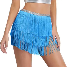 Kakaco Fringe Belly Skirt Sequin Tassel Dance Skirt Short Belly Hip Scarf Rave Party Skirts for Women and Girls
