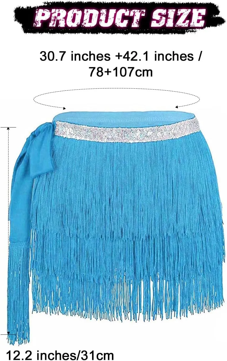 Kakaco Fringe Belly Skirt Sequin Tassel Dance Skirt Short Belly Hip Scarf Rave Party Skirts for Women and Girls