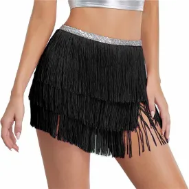 Kakaco Fringe Belly Skirt Sequin Tassel Dance Skirt Short Belly Hip Scarf Rave Party Skirts for Women and Girls