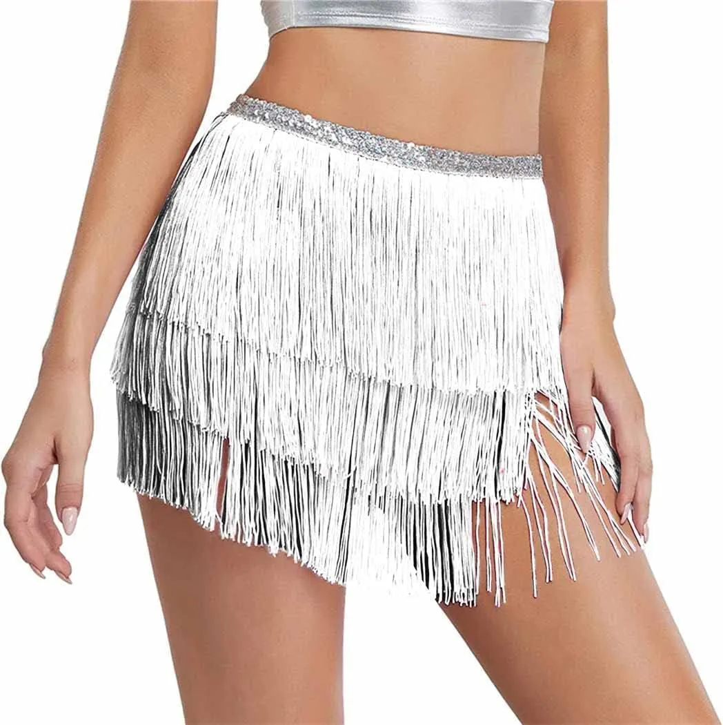 Kakaco Fringe Belly Skirt Sequin Tassel Dance Skirt Short Belly Hip Scarf Rave Party Skirts for Women and Girls