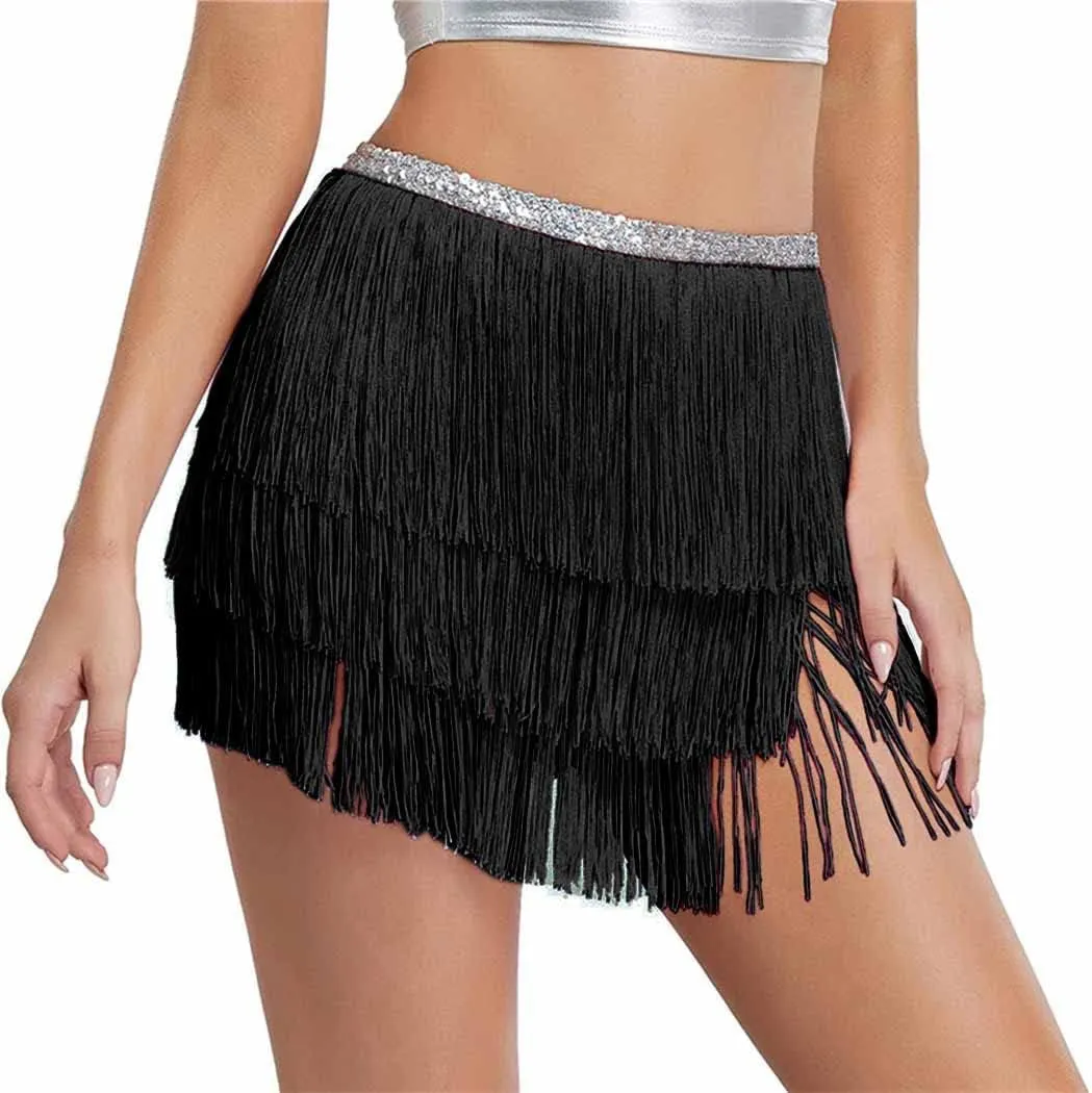 Kakaco Fringe Belly Skirt Sequin Tassel Dance Skirt Short Belly Hip Scarf Rave Party Skirts for Women and Girls