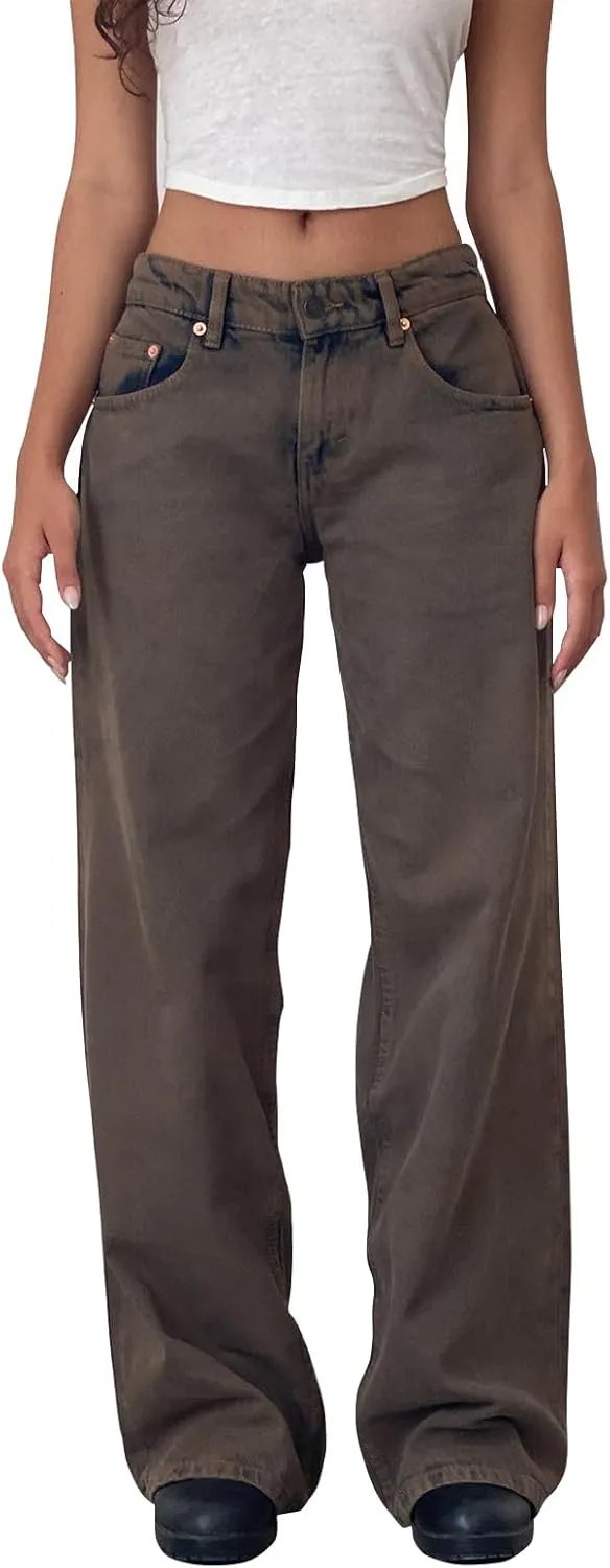 Low Rise Baggy Jeans for Woman Y2k Wide Leg Loose Fit Boyfriend Jeans Trendy Straight Leg Denim Pants with Pockets