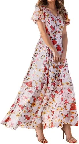 Maxi Dresses for Women,2025 Summer Trendy Floral Boho Dress,Casual V Neck Short Sleeve Chiffon Flowy Beach Dress