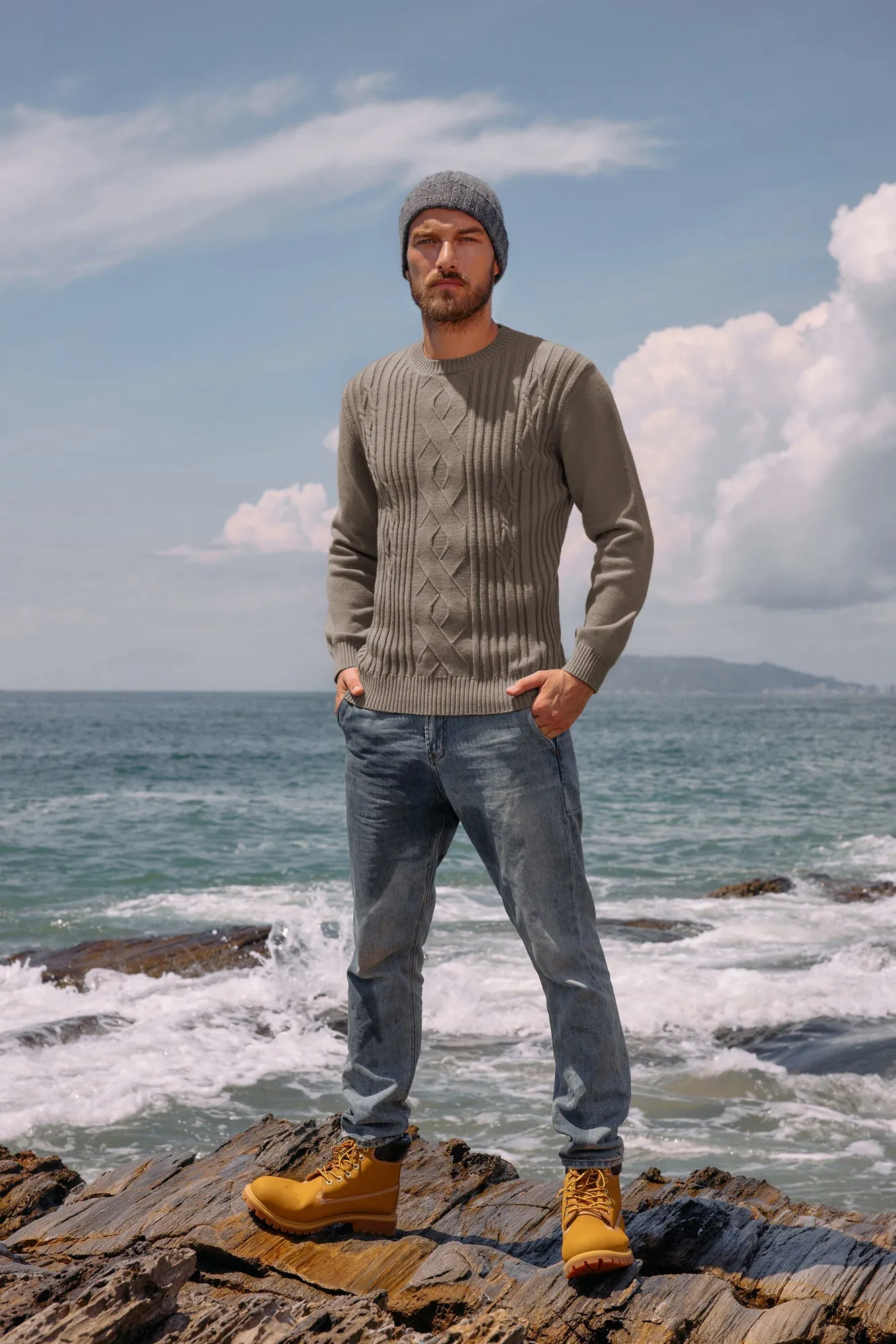 Mens Cable Knit Pullover Sweater Vintage Crewneck Warm Casual Sweaters