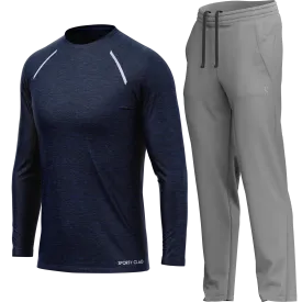 Men's Navy Blue Long Sleeve T Shirt & Light Grey Joggers Set